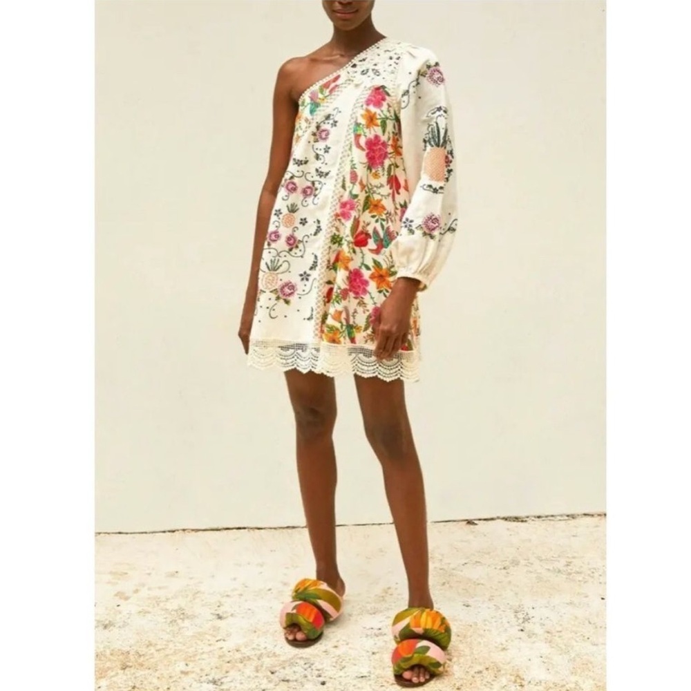 NWT FARM RIO Toucans Garden Flowy One Shoulder Embroidered Floral Dress Small - Picture 2 of 14